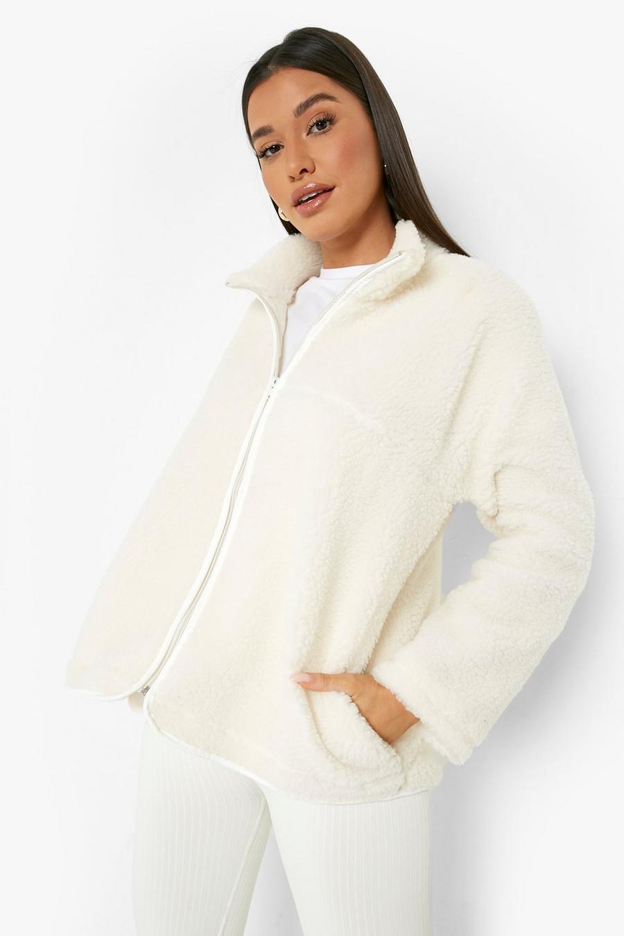 Cream white Oversized Funnel Neck Teddy Faux Fur Jacket image number 1