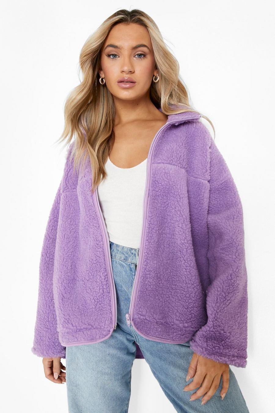 Lilac purple Oversized Funnel Neck Teddy Faux Fur Jacket