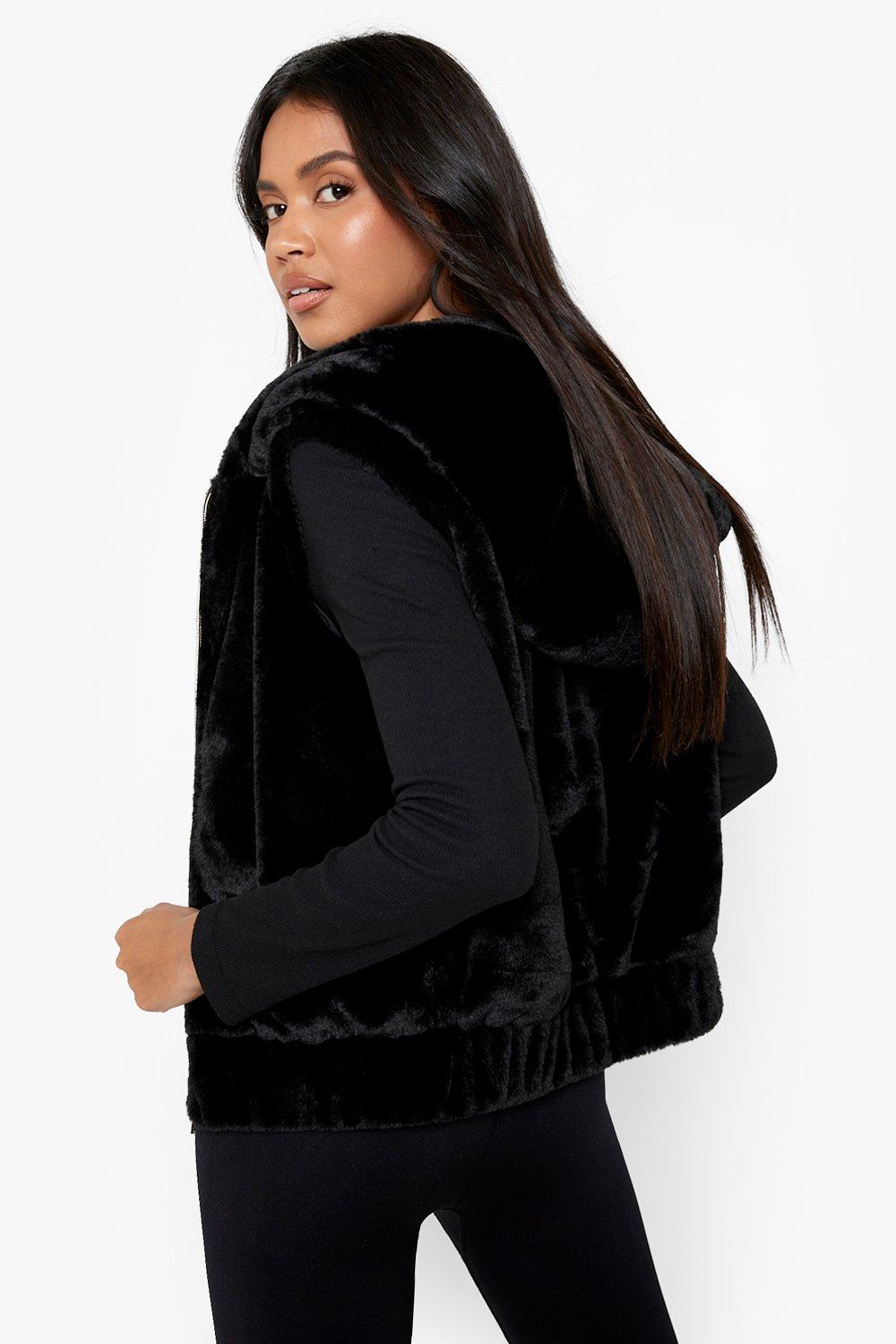 black hooded fur gilet