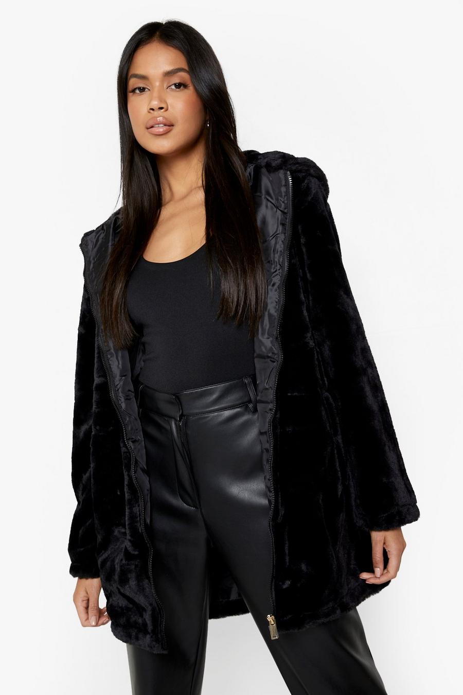 Black Hooded Faux Fur Coat
