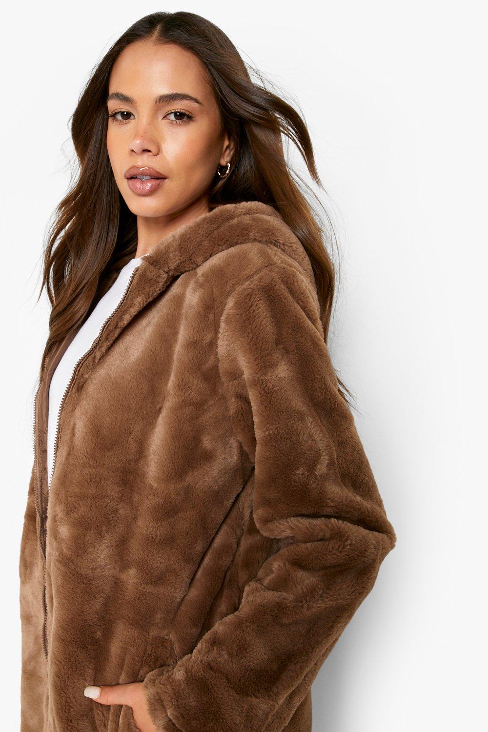 Hooded faux fur coat