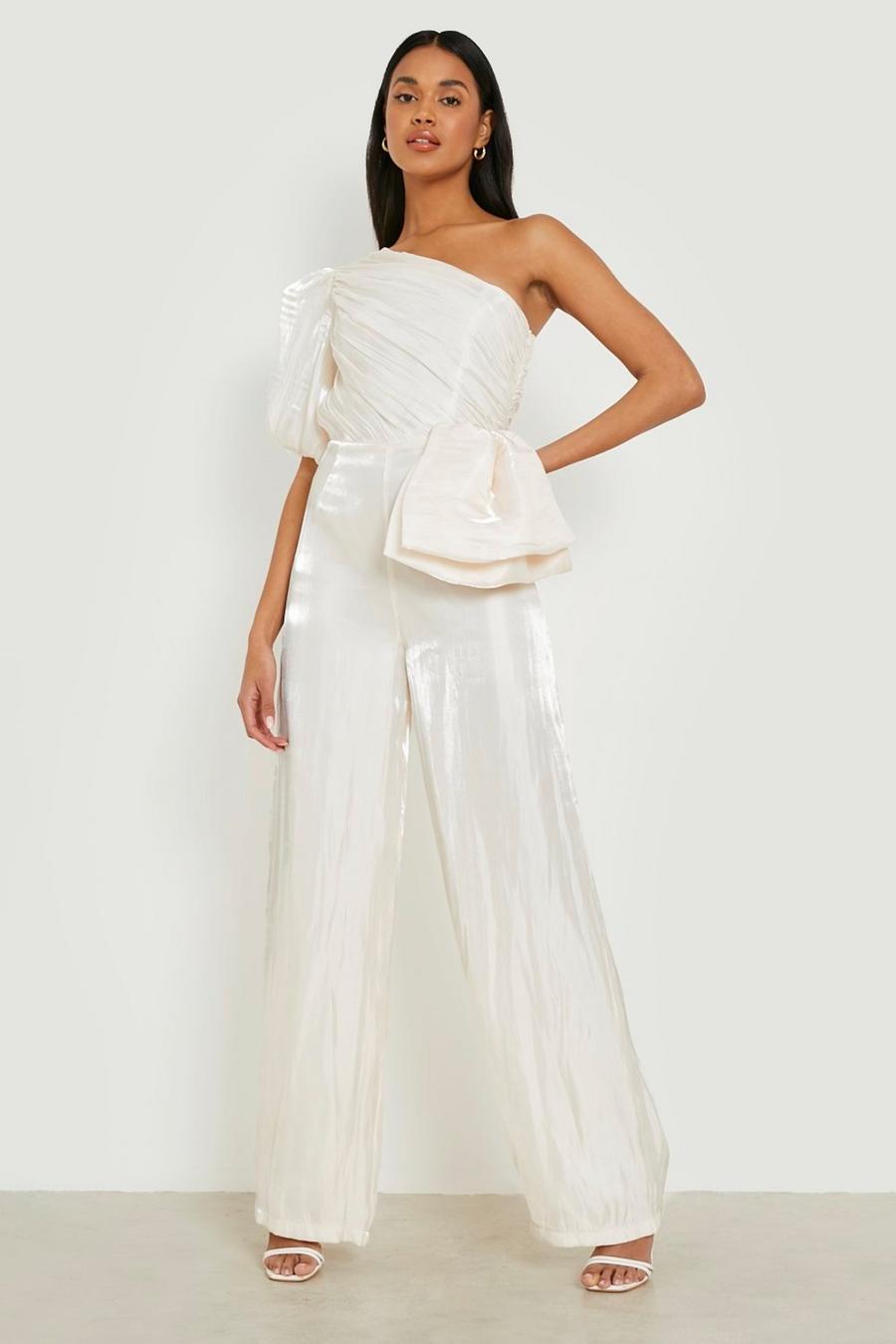 Ivory Satin Rouched Wide Leg Jumpsuit image number 1