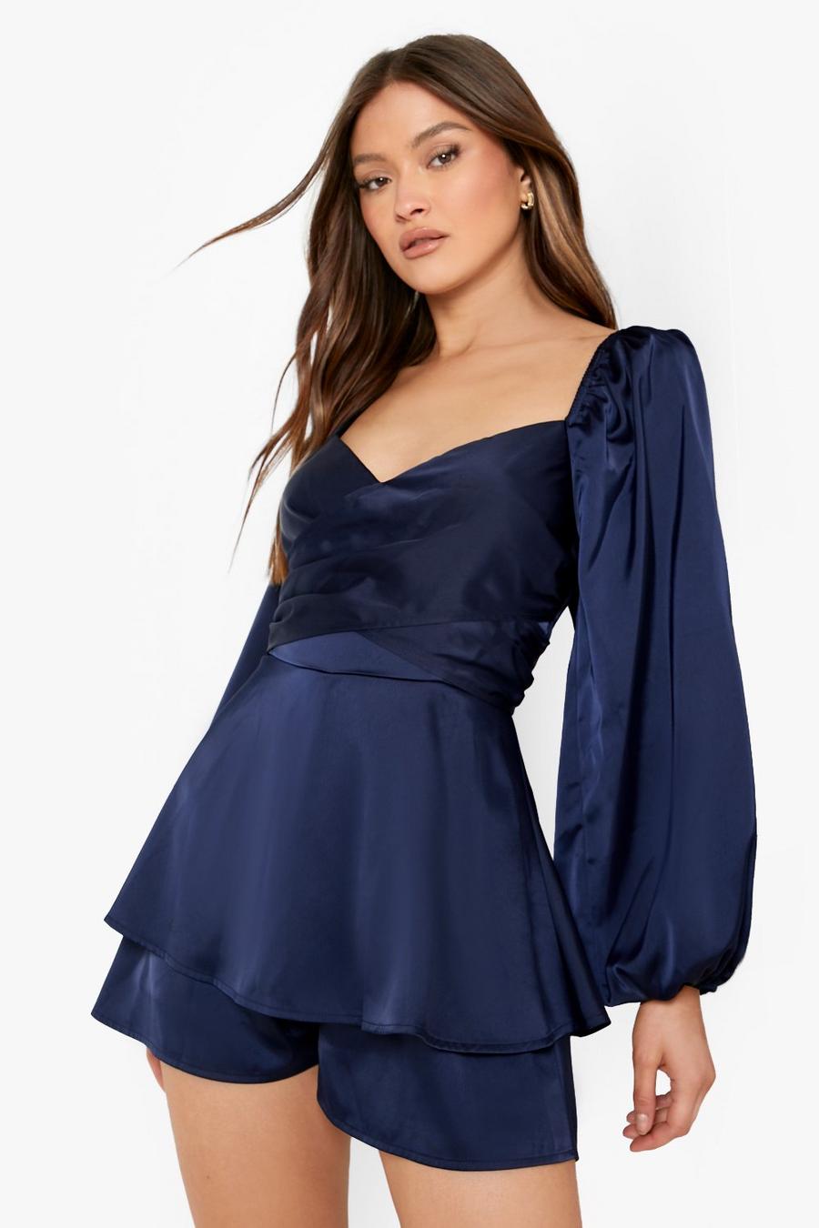 Navy Satin Wrap Tiered Playsuit image number 1