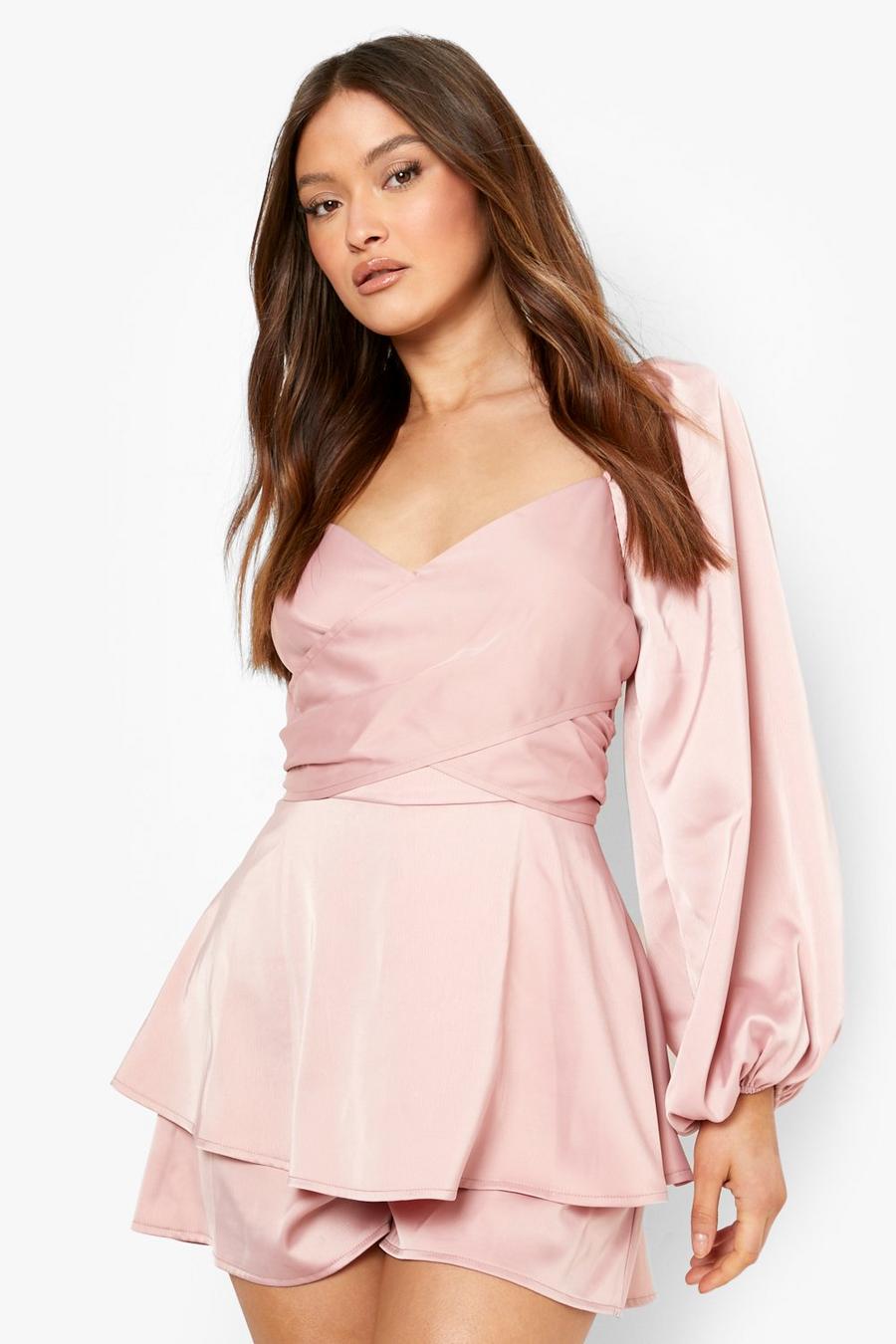 Soft pink Satin Wrap Tiered Playsuit image number 1