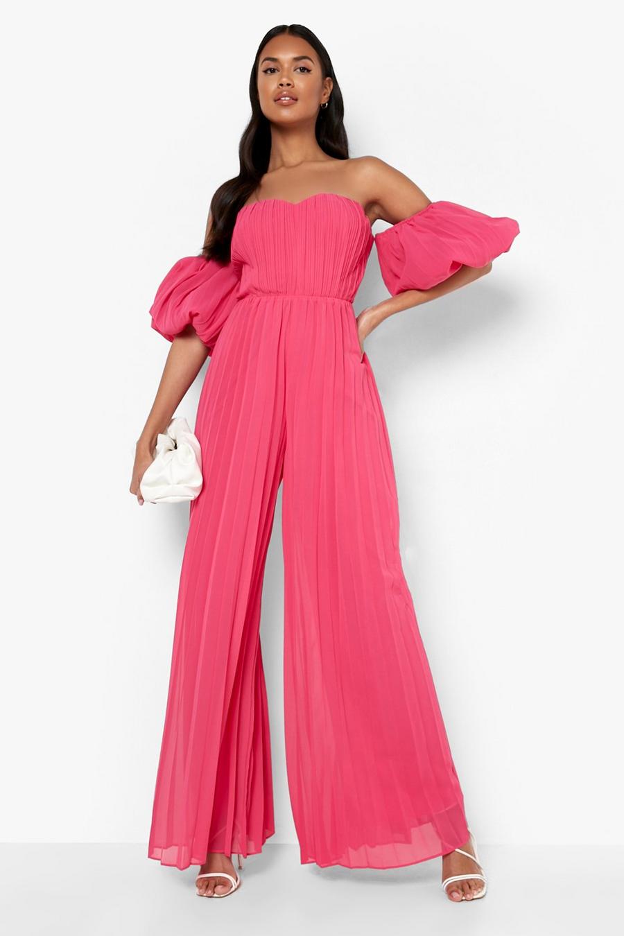 Bardot-Jumpsuit mit weitem Bein und Puffärmeln, Hot pink image number 1