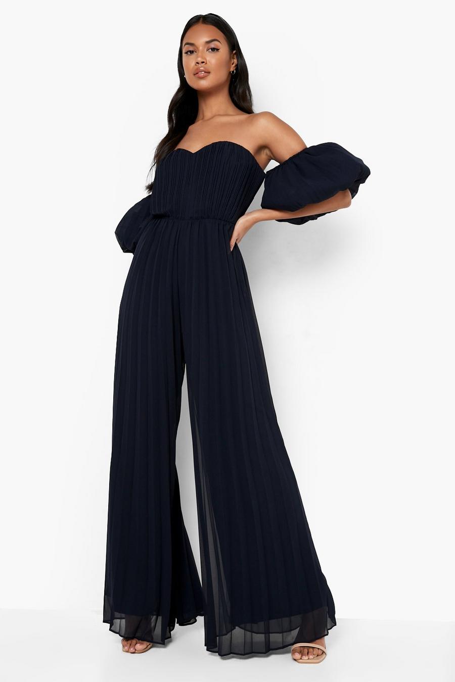Navy Pleated Puff Sleeve Off The Shoulder Wide Leg Jumpsuit image number 1