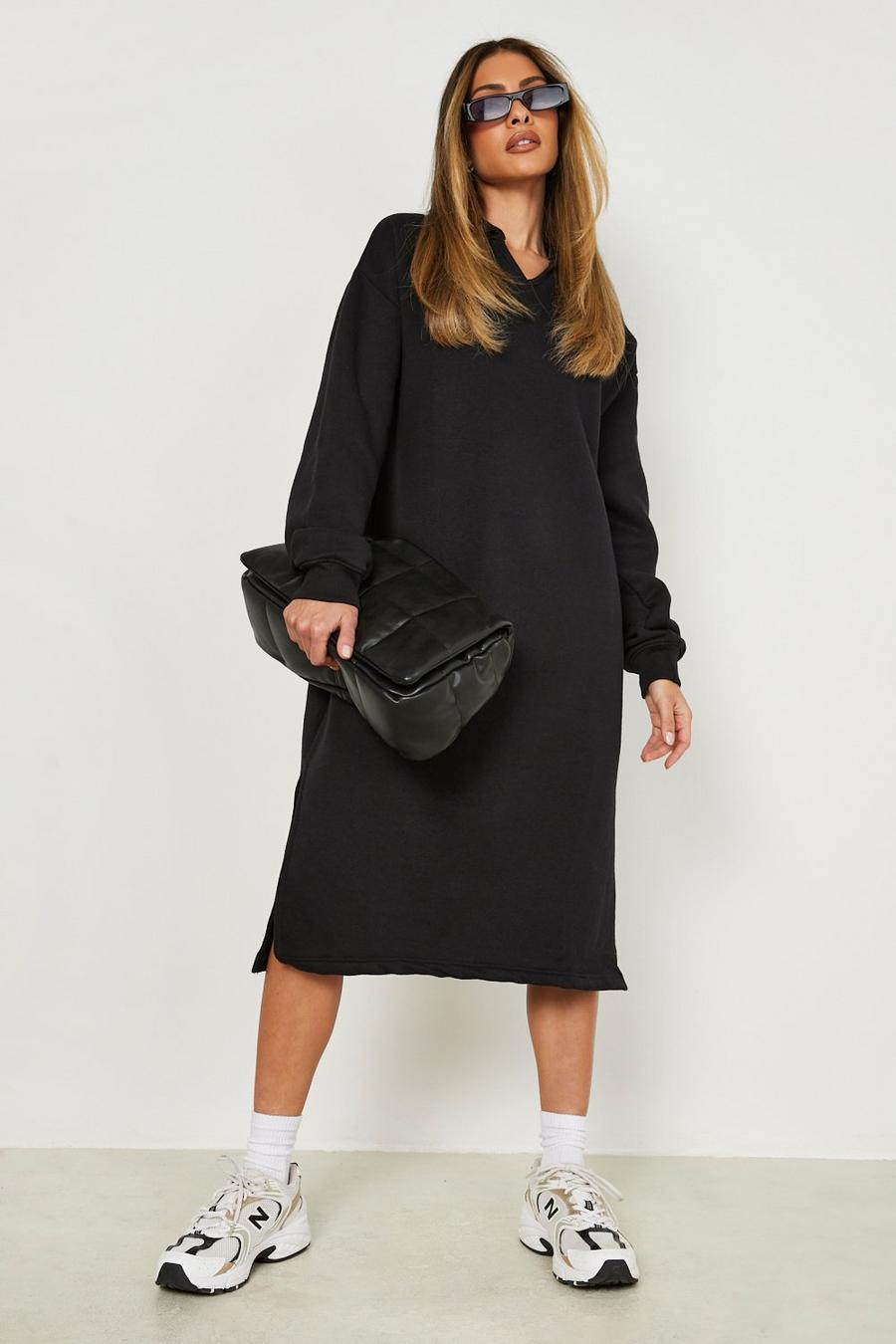 Overisze Pulloverkleid mit V-Ausschnitt und geteiltem Saum, Black image number 1