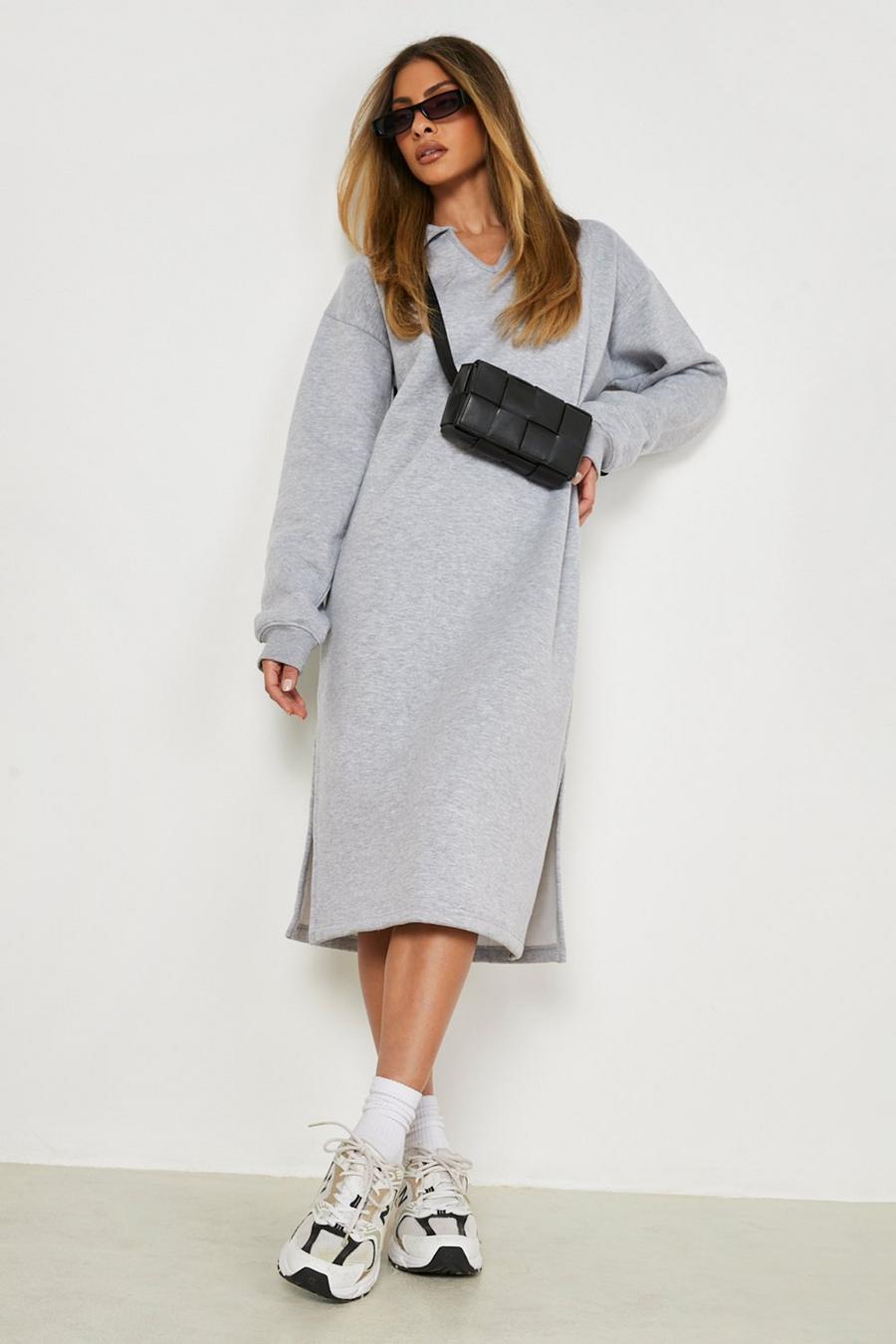 Grey marl grå Oversized V Neck Split Hem Jumper Dress image number 1