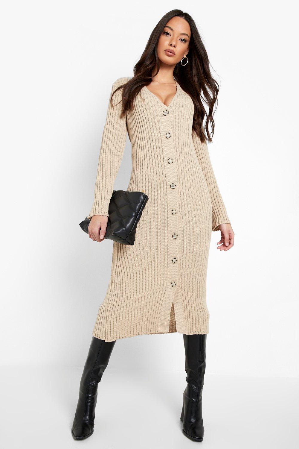 Women's Heavy Rib Knit Button Through Midi Dress | Boohoo UK