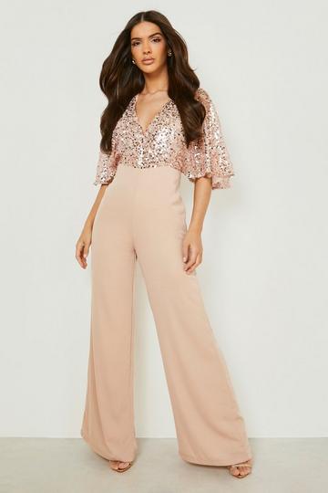 Sequin Flared Sleeve Wide Leg Jumpsuit bronze