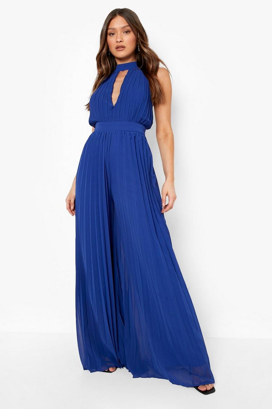 Navy Pleated Cut Out High Neck Wide Leg Jumpsuit image number 1