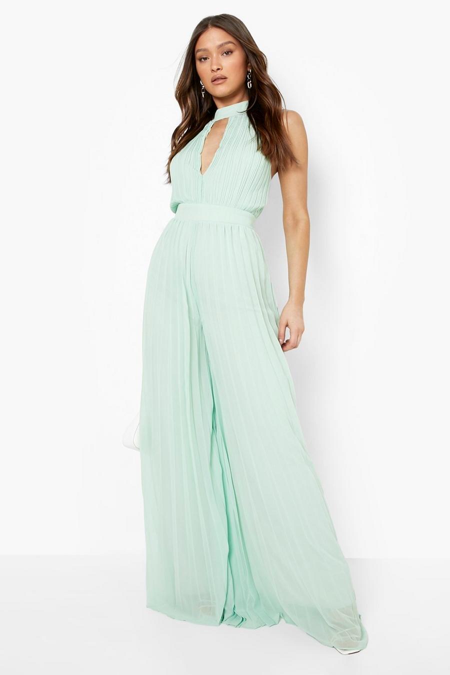 Sage Pleated Cut Out High Neck Wide Leg Jumpsuit image number 1