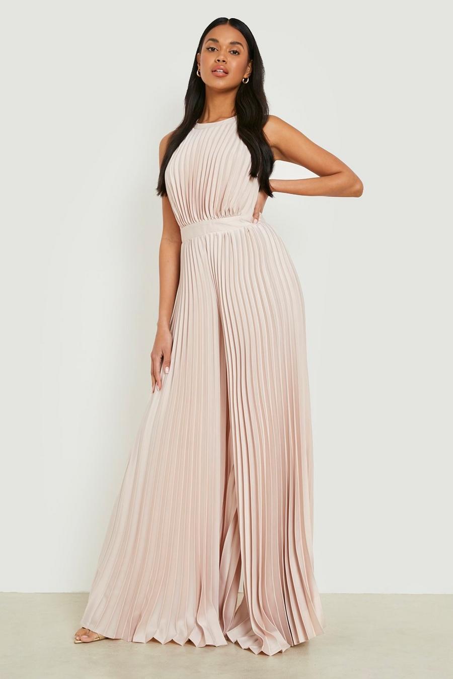 Champagne Pleated High Neck Wide Leg Jumpsuit image number 1