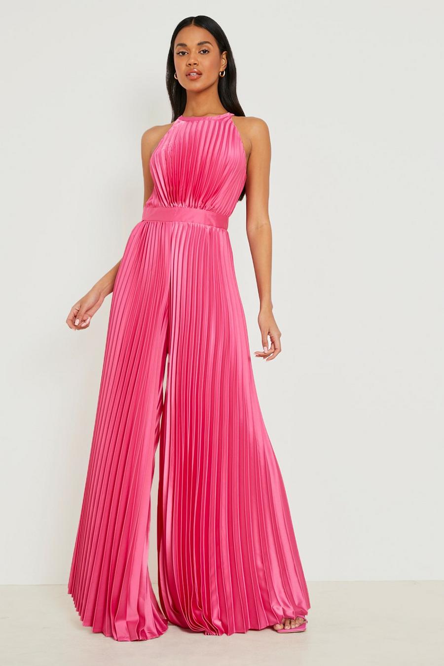 Hot pink Pleated High Neck Wide Leg Jumpsuit