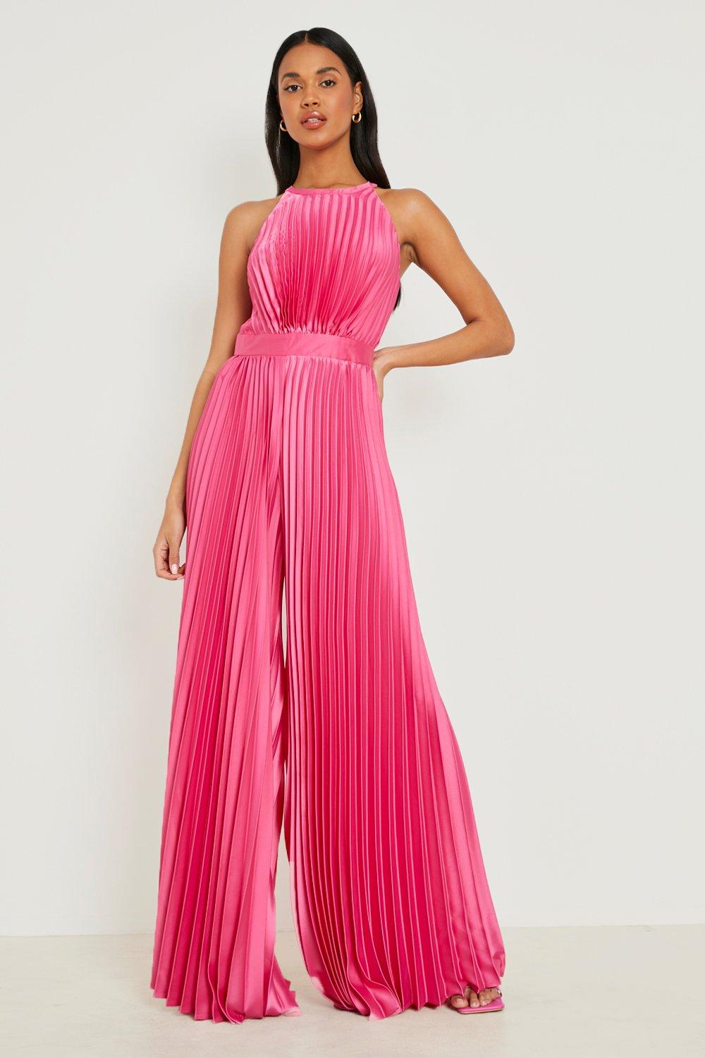 Pleated High Neck Wide Leg Jumpsuit