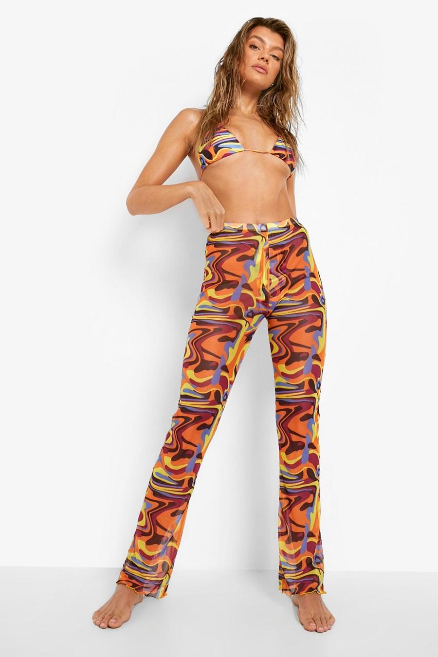 Multi multicolor מכנסי חוף מבד רשת עם הדפס שיש ושוליים מסולסלים