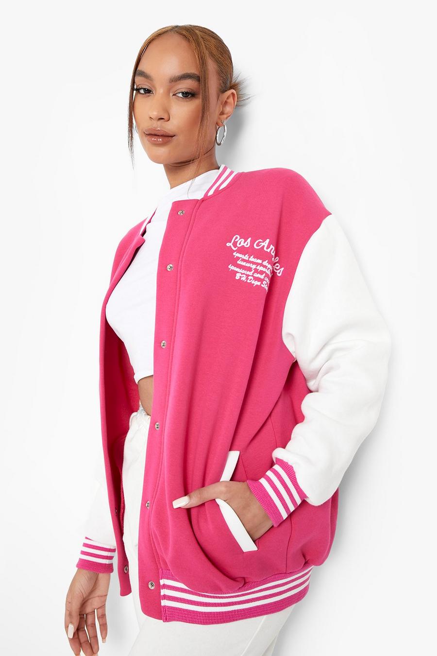 Giacca Bomber stile Varsity con scritta Los Angeles, Hot pink rosa