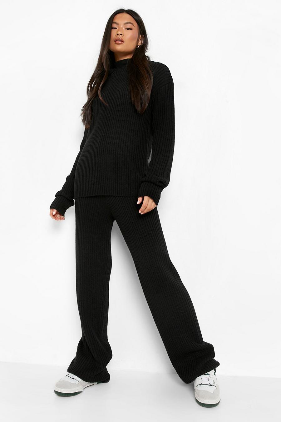 Black Double Layer Hoodie And Wide Leg Knitted Set image number 1