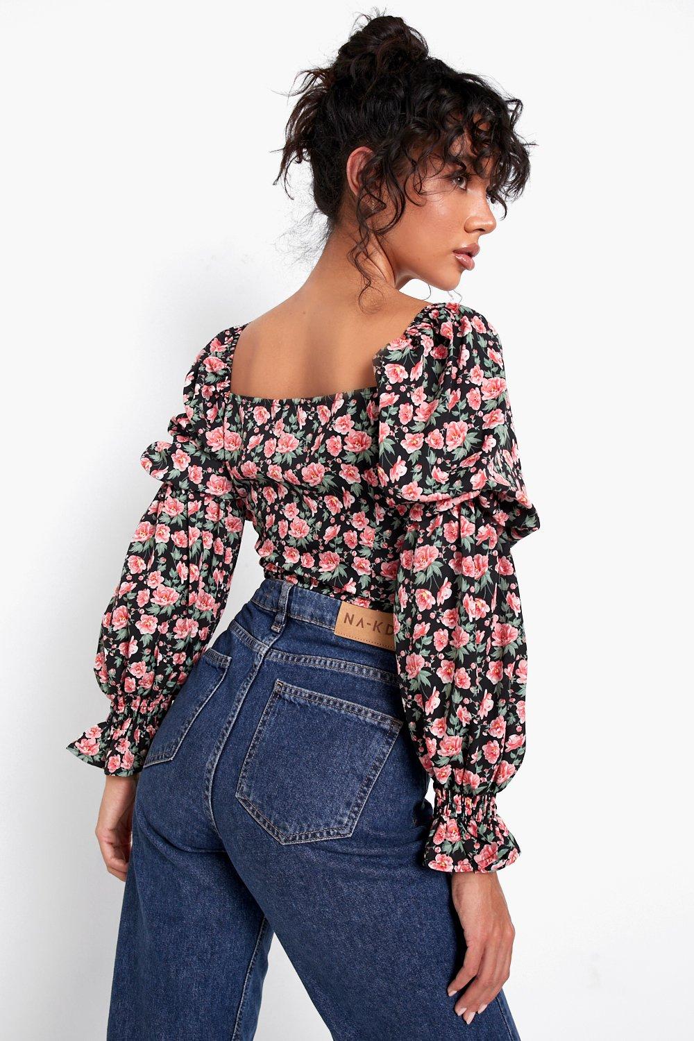 Puff Sleeves Abstract Printed Crop Top With Drawstring, DSTOP-SS22-155