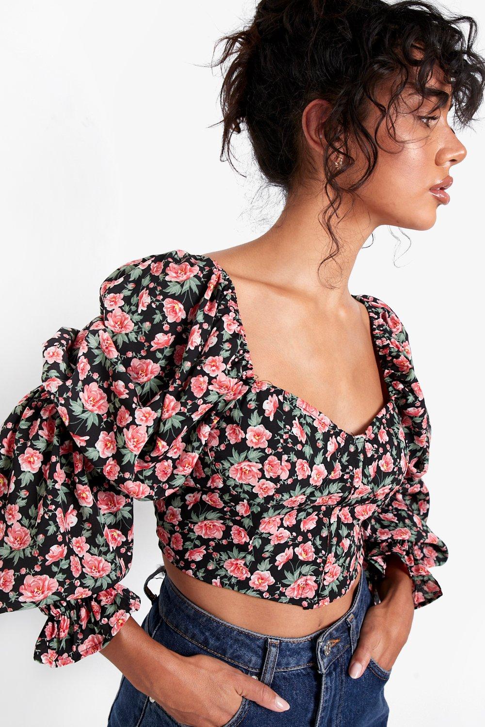 Floral Puff Sleeve Tie Backless Top