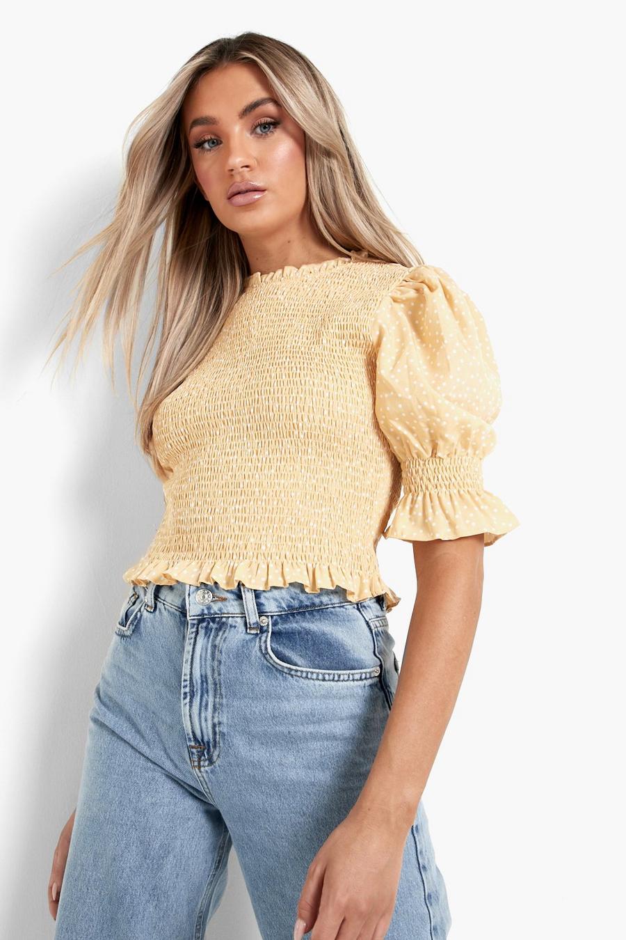 Polka Dot Puff Sleeve Shirred Top | boohoo Polka Dot Puff Sleeve Shirred Top | boohoo