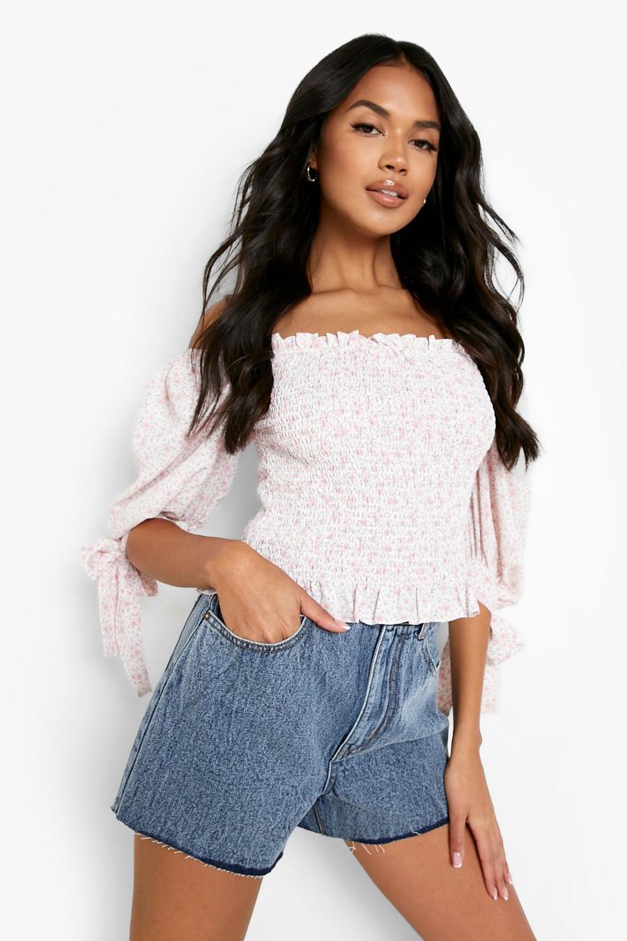 Pink Floral Print Puff Sleeve Shirred Top image number 1