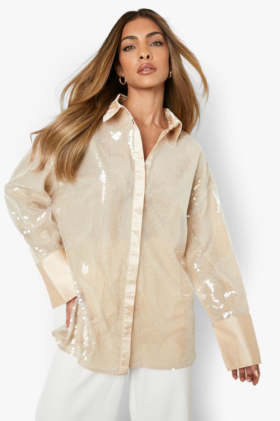 Camicia oversize con paillettes, Beige image number 1