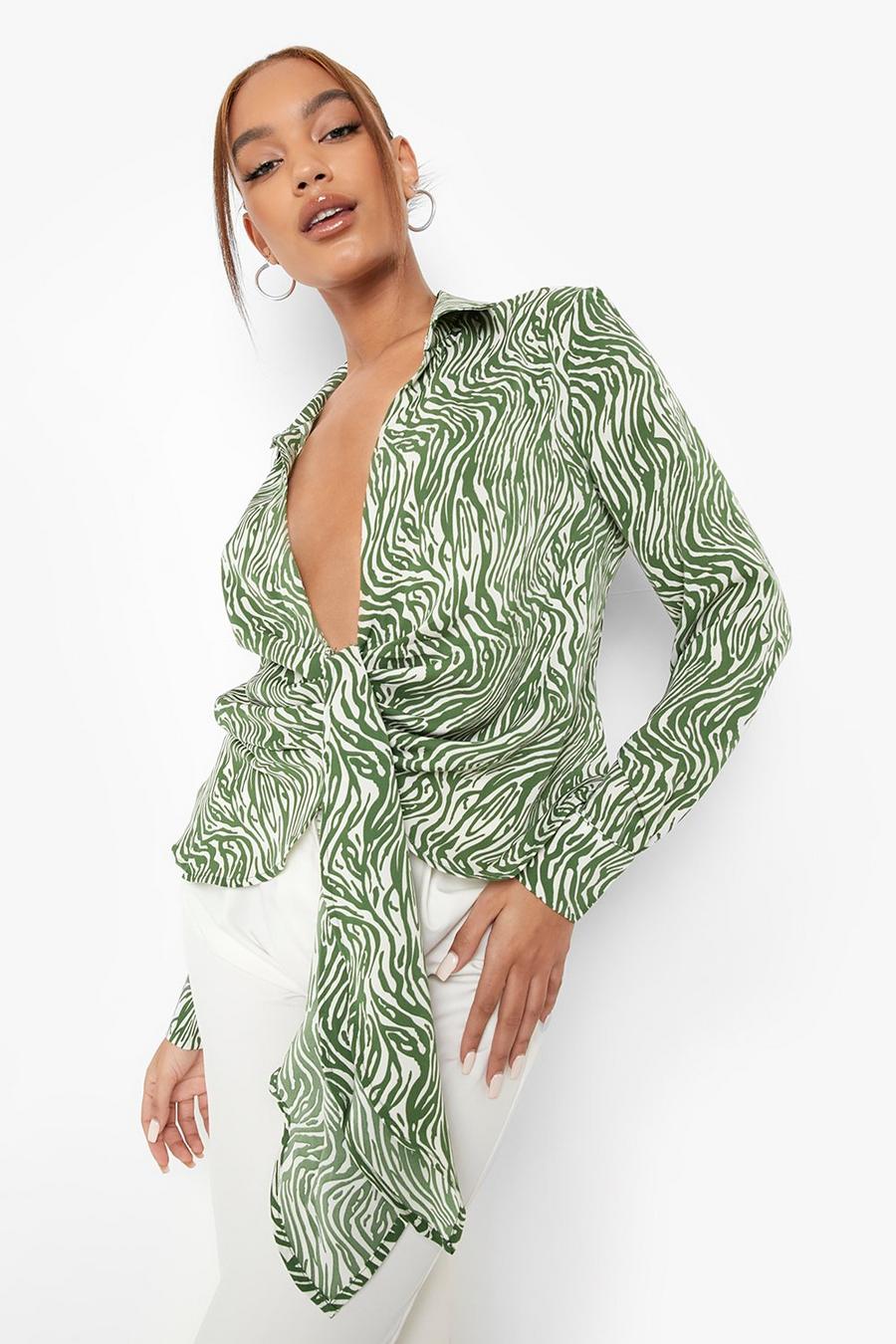 Geschnürte Satin-Bluse mit Zebraprint, Green vert