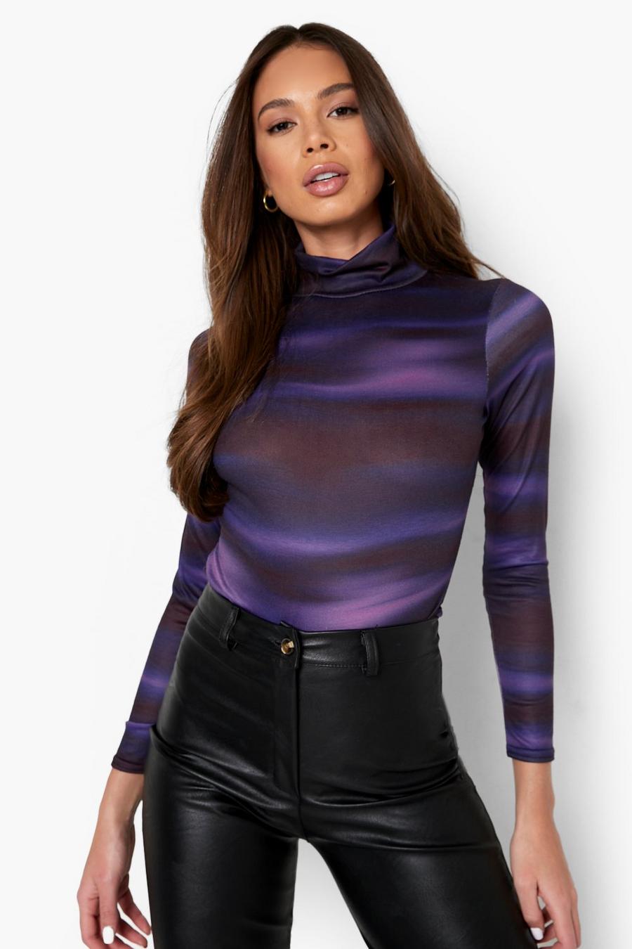 Purple Roll Neck Abstract Print Bodysuit image number 1