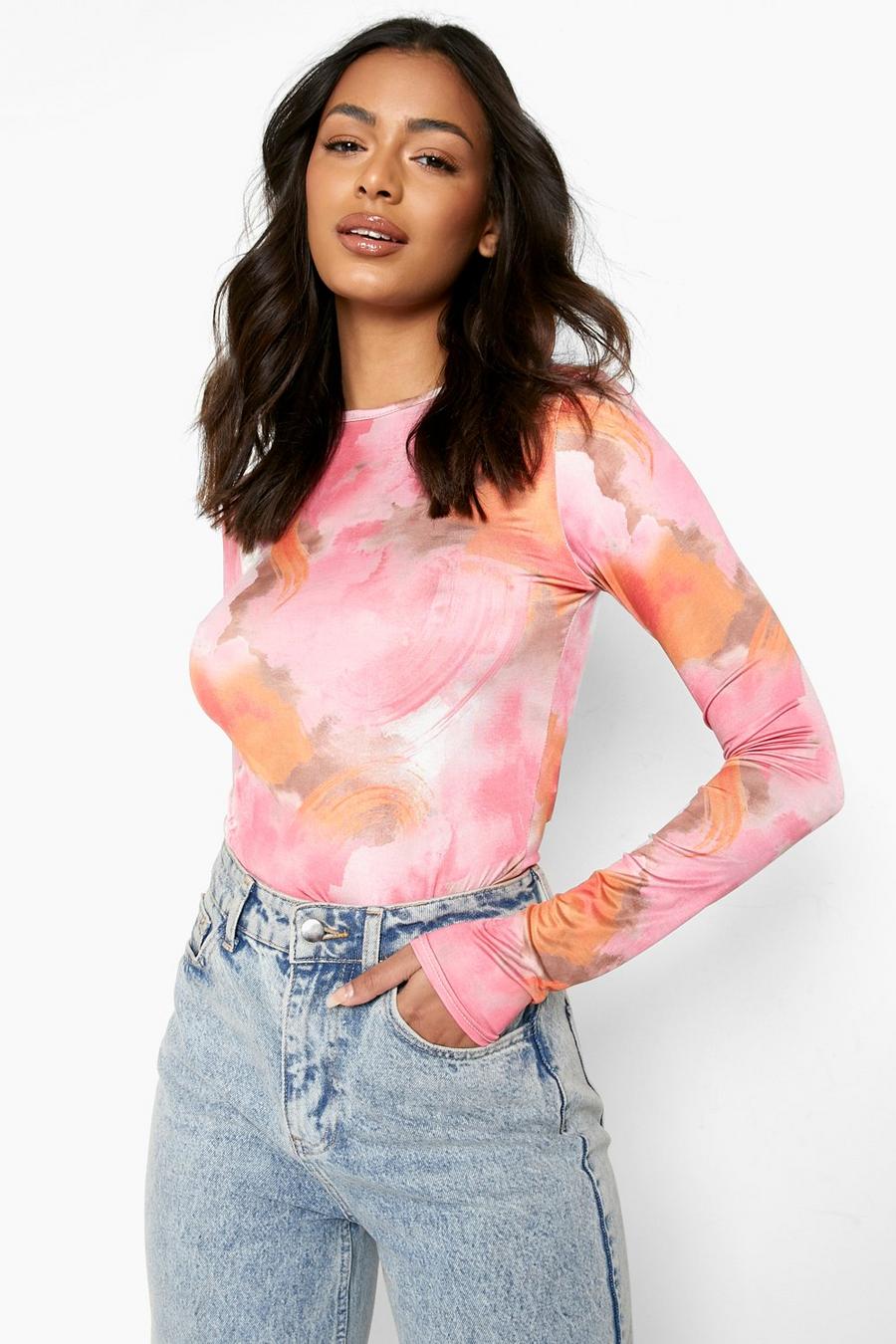 Pink Abstract Print Slinky Long Sleeve Bodysuit image number 1