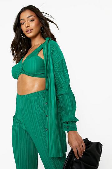 Green Plisse Oversized Shirt And Twist Bralette Set