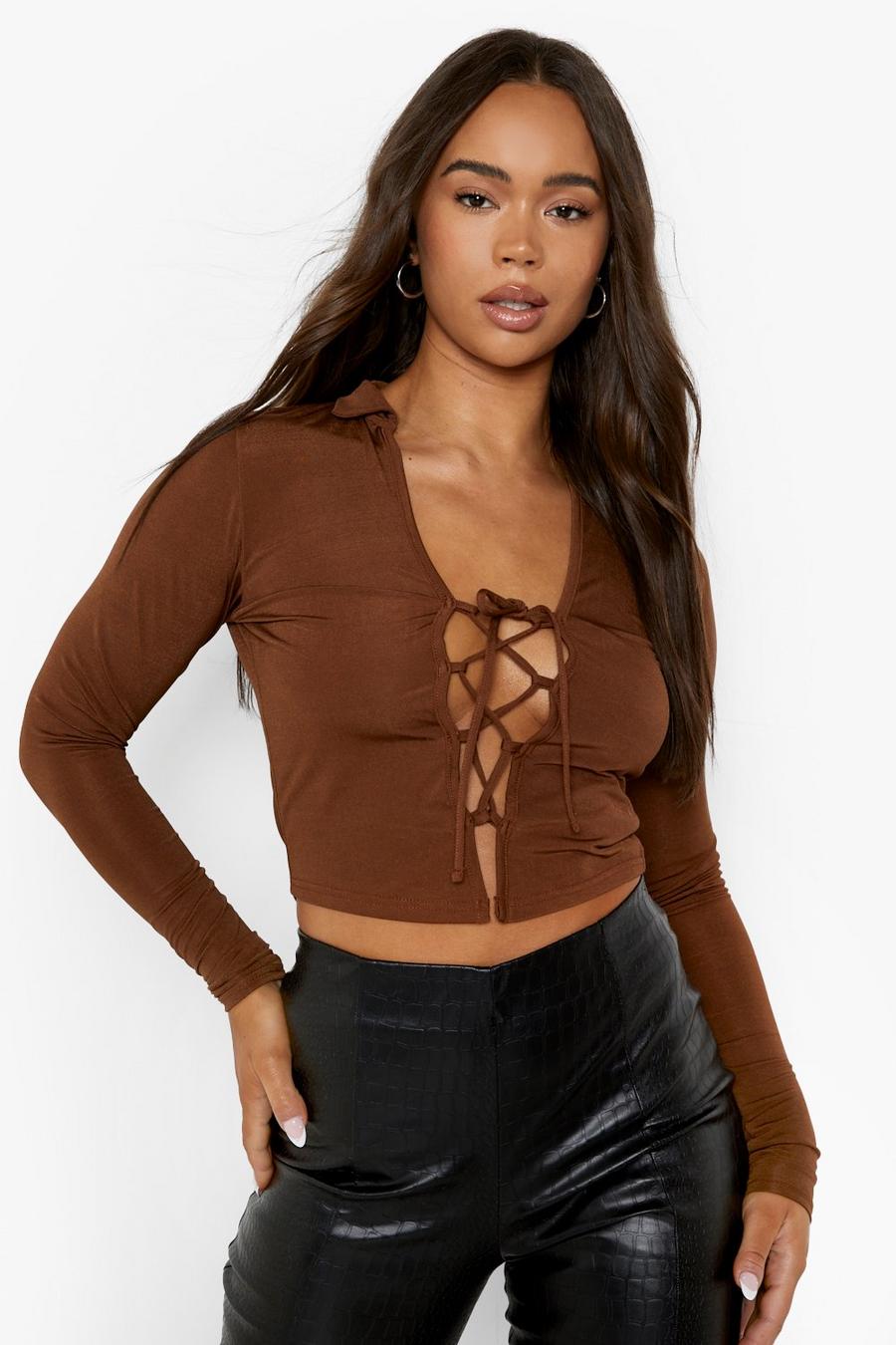 Chocolate Lace Up Detail Collared Slinky Top image number 1