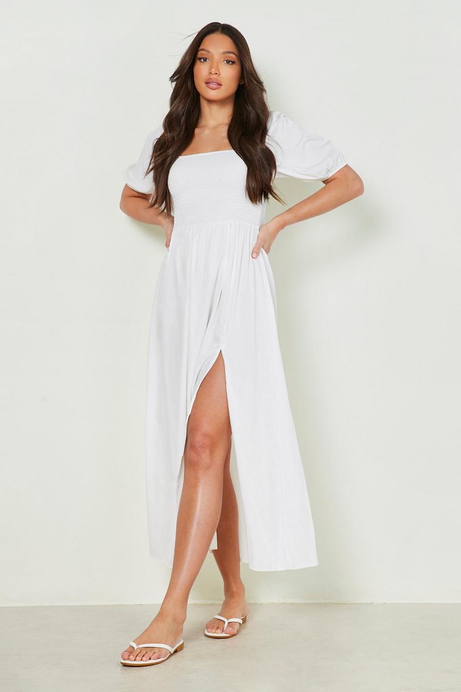 White Tall Shirred Split Hem Chambray Midaxi Dress image number 1