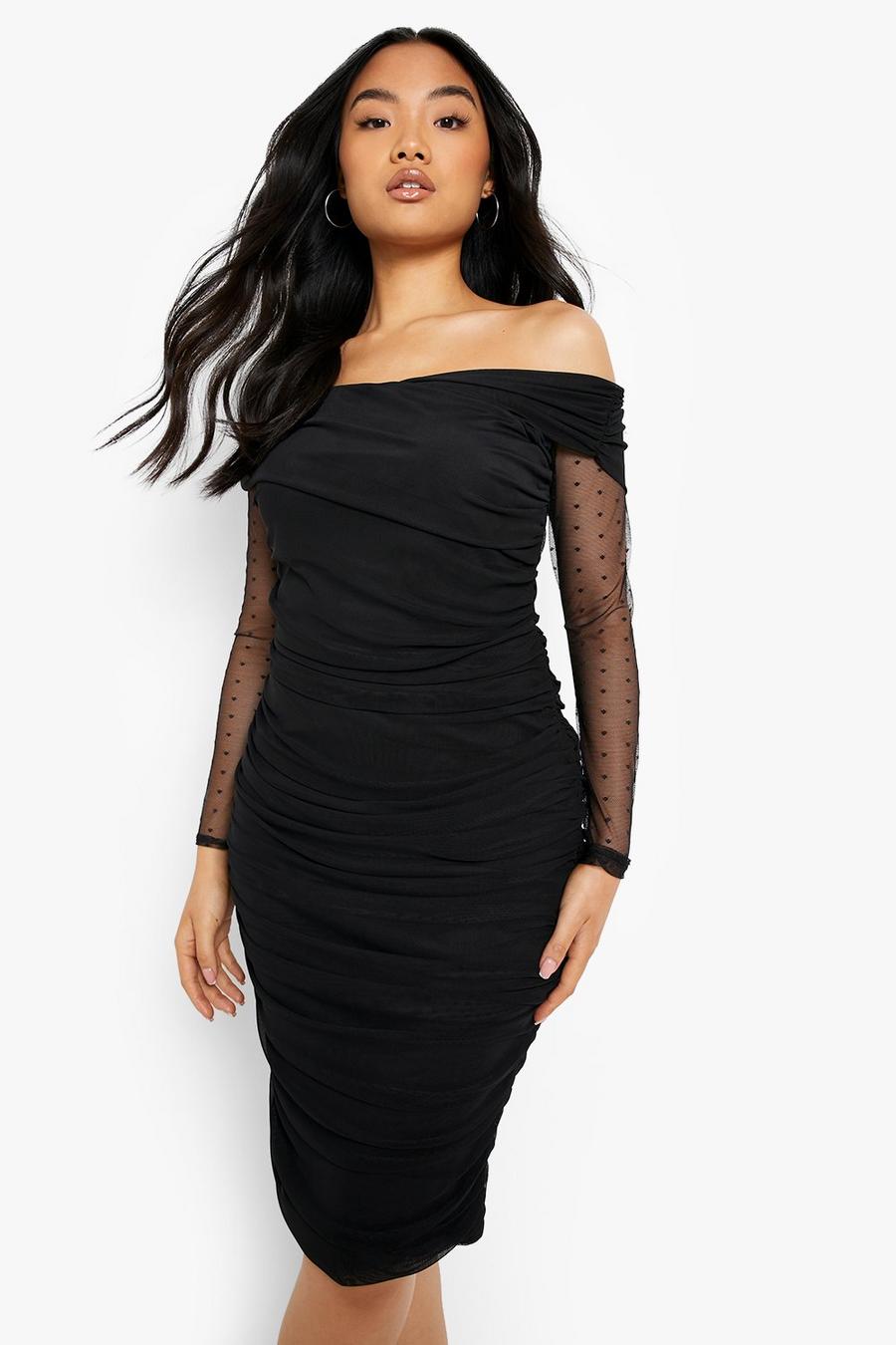 Black Petite Off The Shoulder Ruched Mesh Bodycon Midi Dress image number 1