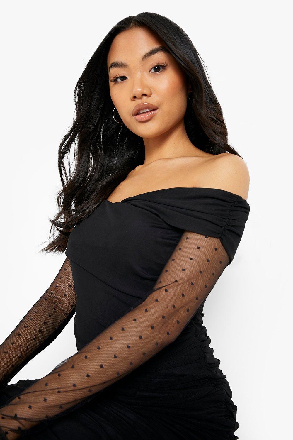 Black ruched mesh bardot hotsell bodycon dress