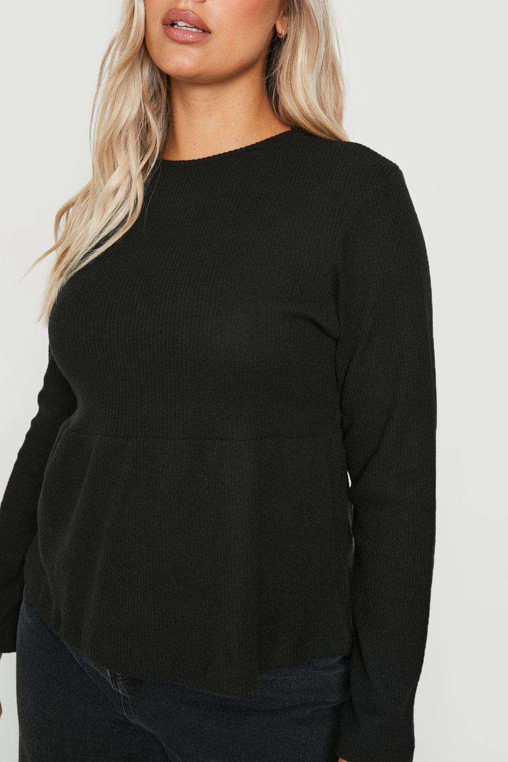 Women's Black Plus Soft Rib Long Sleeve Tunic Top