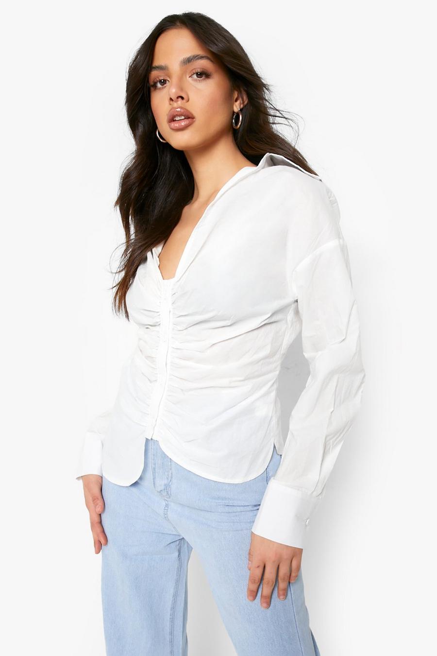 White Ruched Button Up Shirt  image number 1