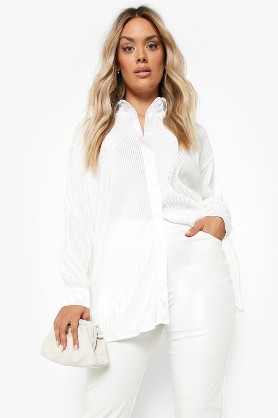 White Shimmer Plisse Oversized Shirt