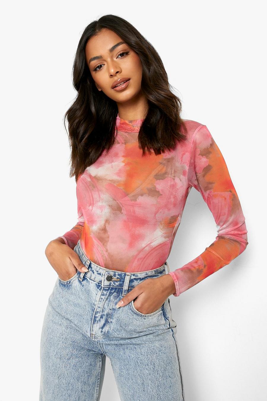 Pink rosa Abstract Print Mesh Bodysuit image number 1