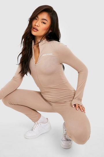 Slogan Detail Zip Front Jumpsuit taupe