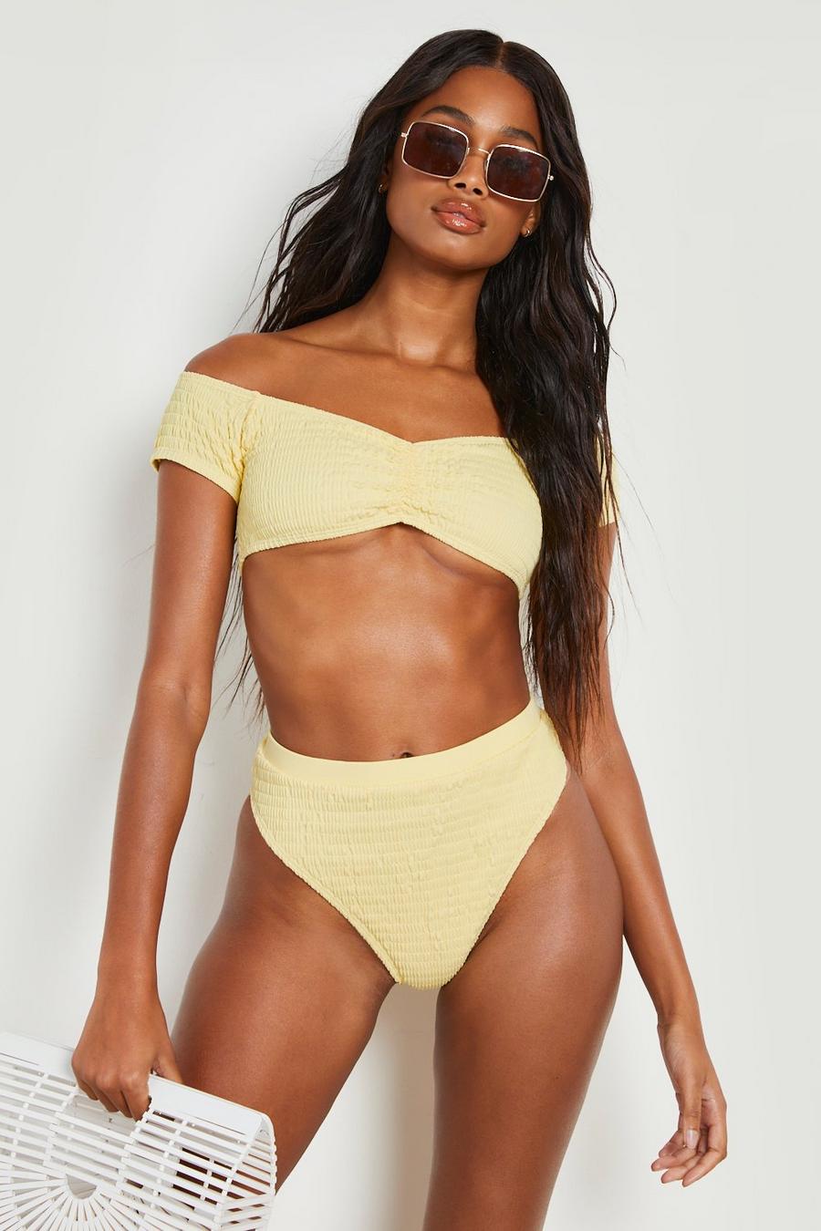 Yellow Shirred Short Sleeve Off The Shoulder Bikini Top image number 1