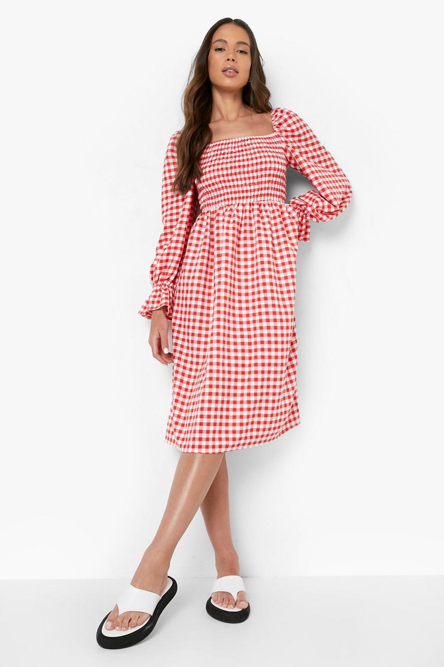 Red Shirred Body Milkmaid Dress Gingham Print image number 1