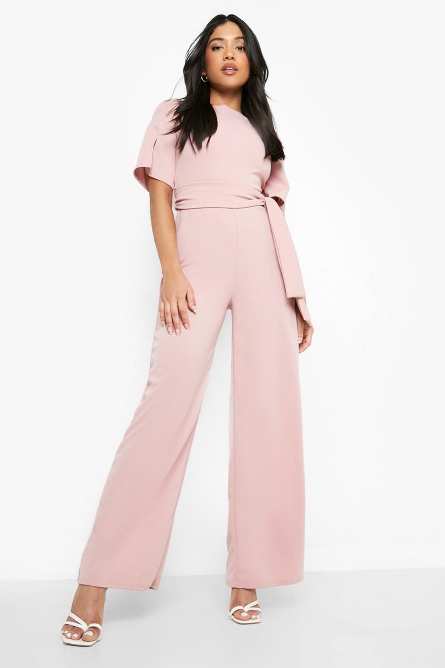 Blush rosa Petite Wide Leg Belted Tailored Jumpsuit  