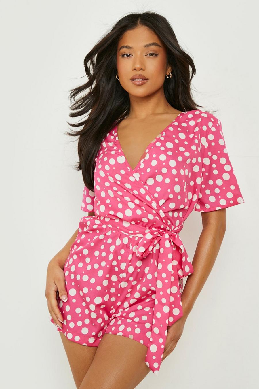 Hot pink Petite Mixed Spot Print Wrap Front Playsuit image number 1