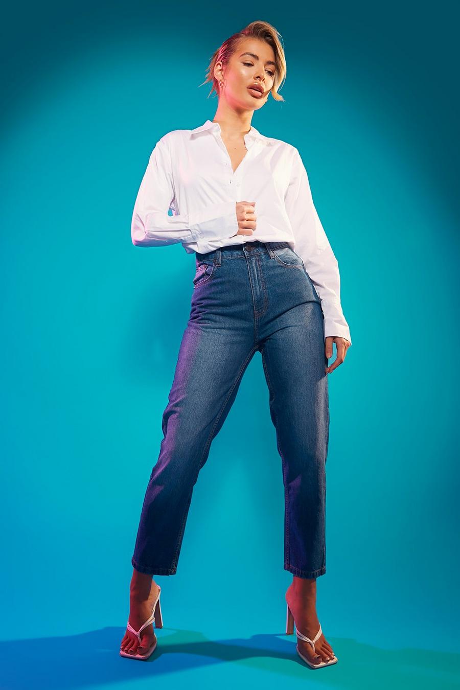 Mid blue High Waisted Rigid Mom Jeans image number 1