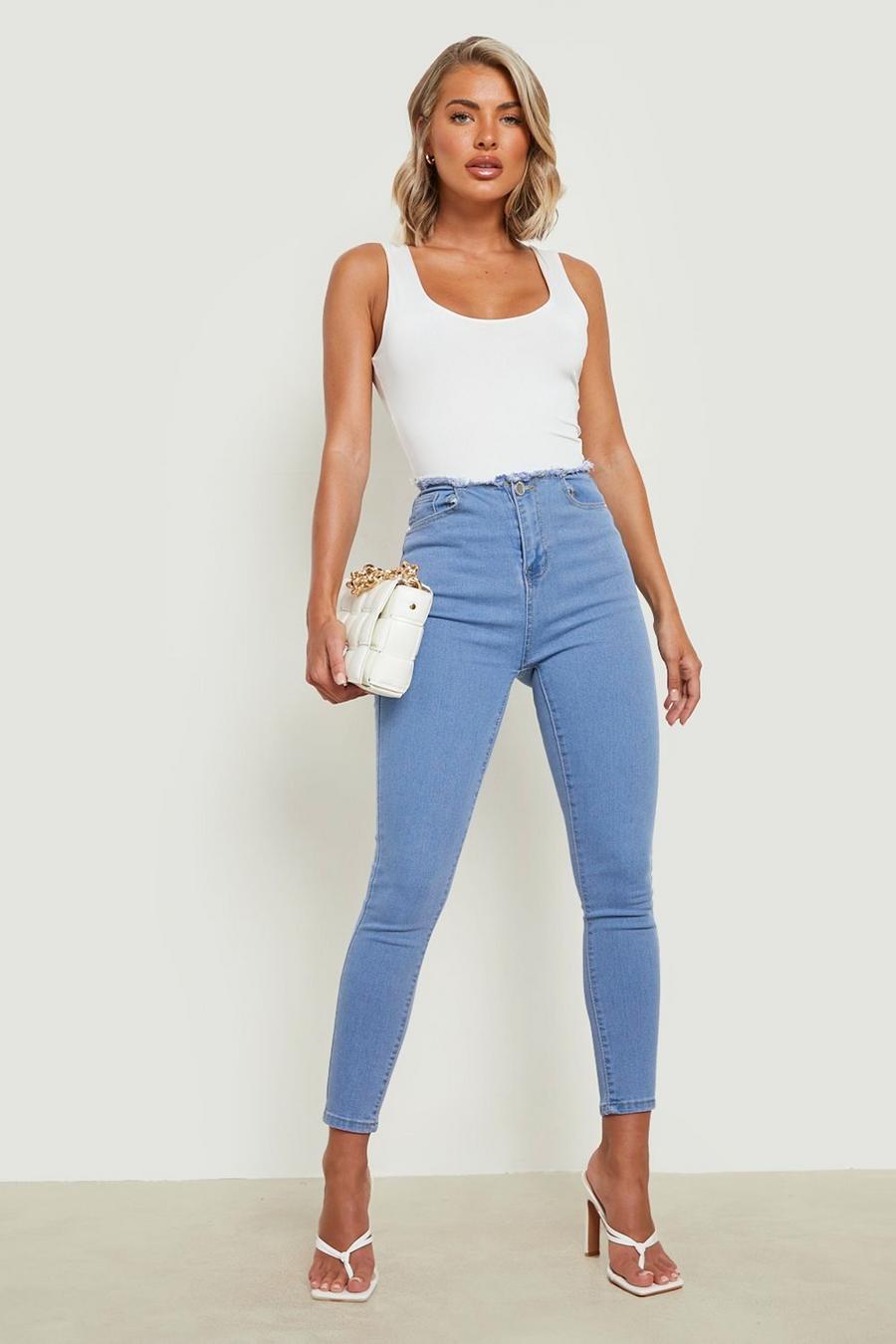 Basics Skinny Jeans mit hohem Bund und rohem Saum, Light blue image number 1