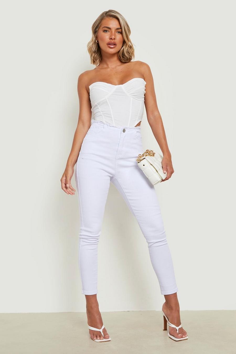 Basics Skinny Jeans mit hohem Bund und rohem Saum, White blanc