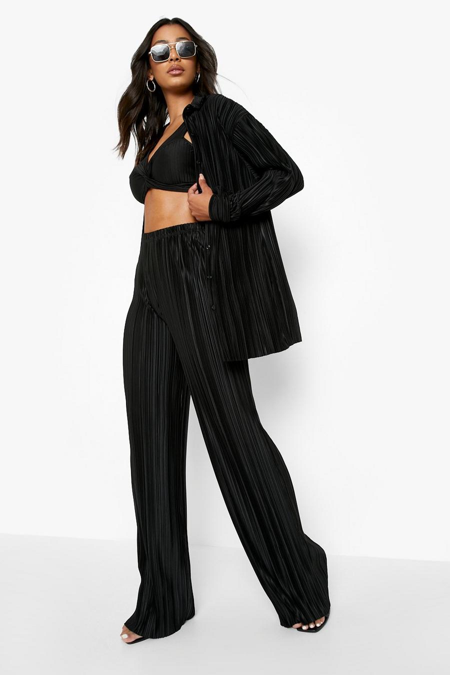 Black High Waisted Plisse Wide Leg Trousers image number 1