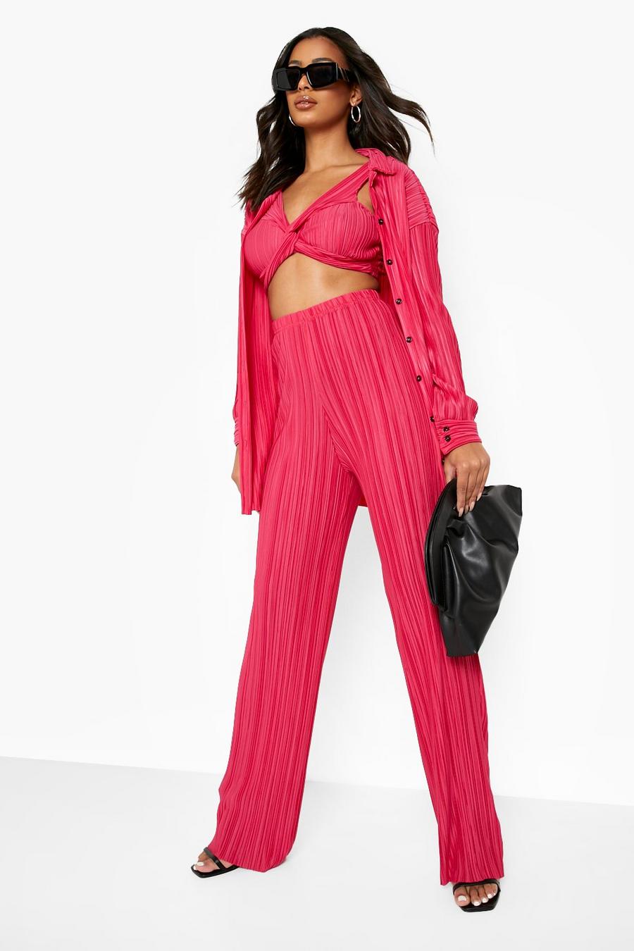 Magenta High Waisted Plisse Wide Leg Trousers image number 1