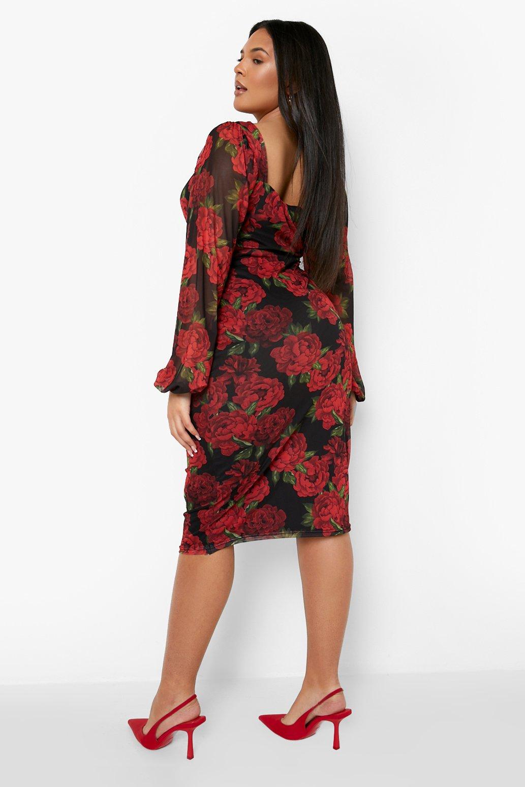 Plus Rose Print Mesh Midi Dress